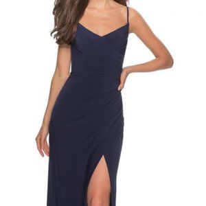 La Femme Ruched Jersey Trumpet Gown- Navy